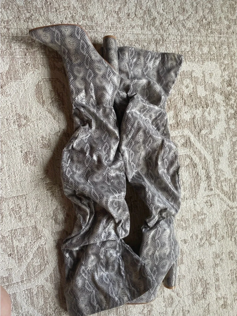 Over-the-Knee Snake-Print Slouch Boots in Gray